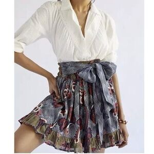 Anthropology Let Me Be Gathered Cotton Floral Ruffled Mini Skirt w Attached Sash